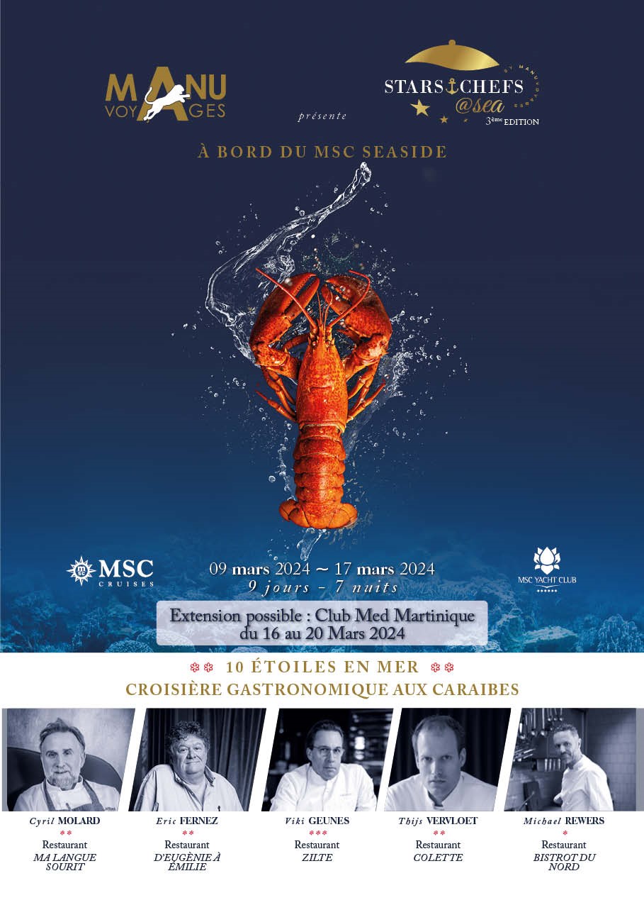 Poster featuring five renowned celebrity chefs, together representing 10 Michelin stars, ready for the 'Stars Chefs @ Sea' culinary cruise experience